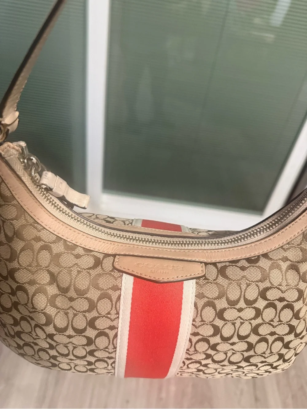 Coach Signature Monogram Shoulder Bag with Coral Stripe